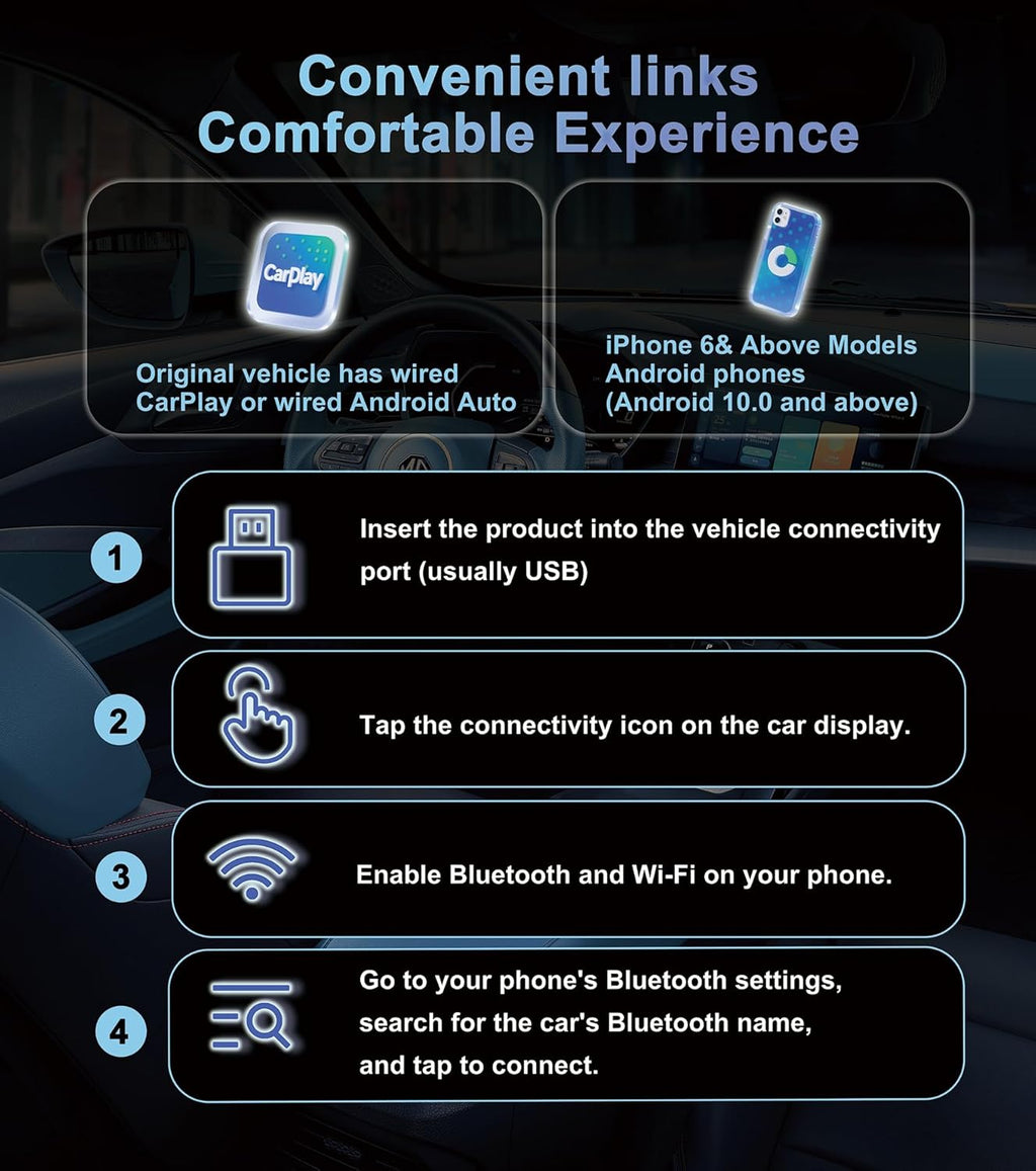 CarPlay Wireless Adapter, Compatible with CarPlay+Android Auto, Mini Stable Wireless CarPlay Adapter, Compatible with Apple iOS 10+ and Vehicles Produced After 2016 with Wired CarPlay.