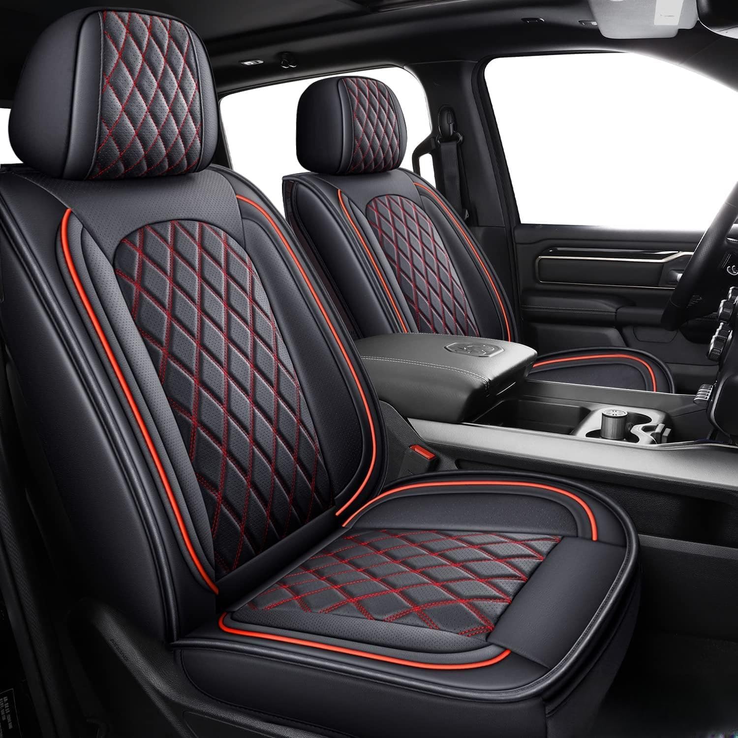 MIROZO Dodge Ram Seat Covers Full Set,5PCS Car Seat Cover Waterproof Fit 2009-2025 Ram 1500 2500 3500 Crew Quad Regular Cab Pickup Cushions with Split Bench 40/60 (Black and Red,Full Set Flat Back)