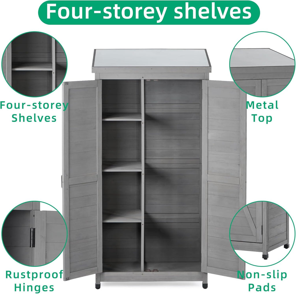 Outdoor Storage Shed Waterproof, Potting Shed with Storage Cabinet and Metal Table Top for Backyard Garden Patio, Outdoor 68 Inches Wood Tall Shed