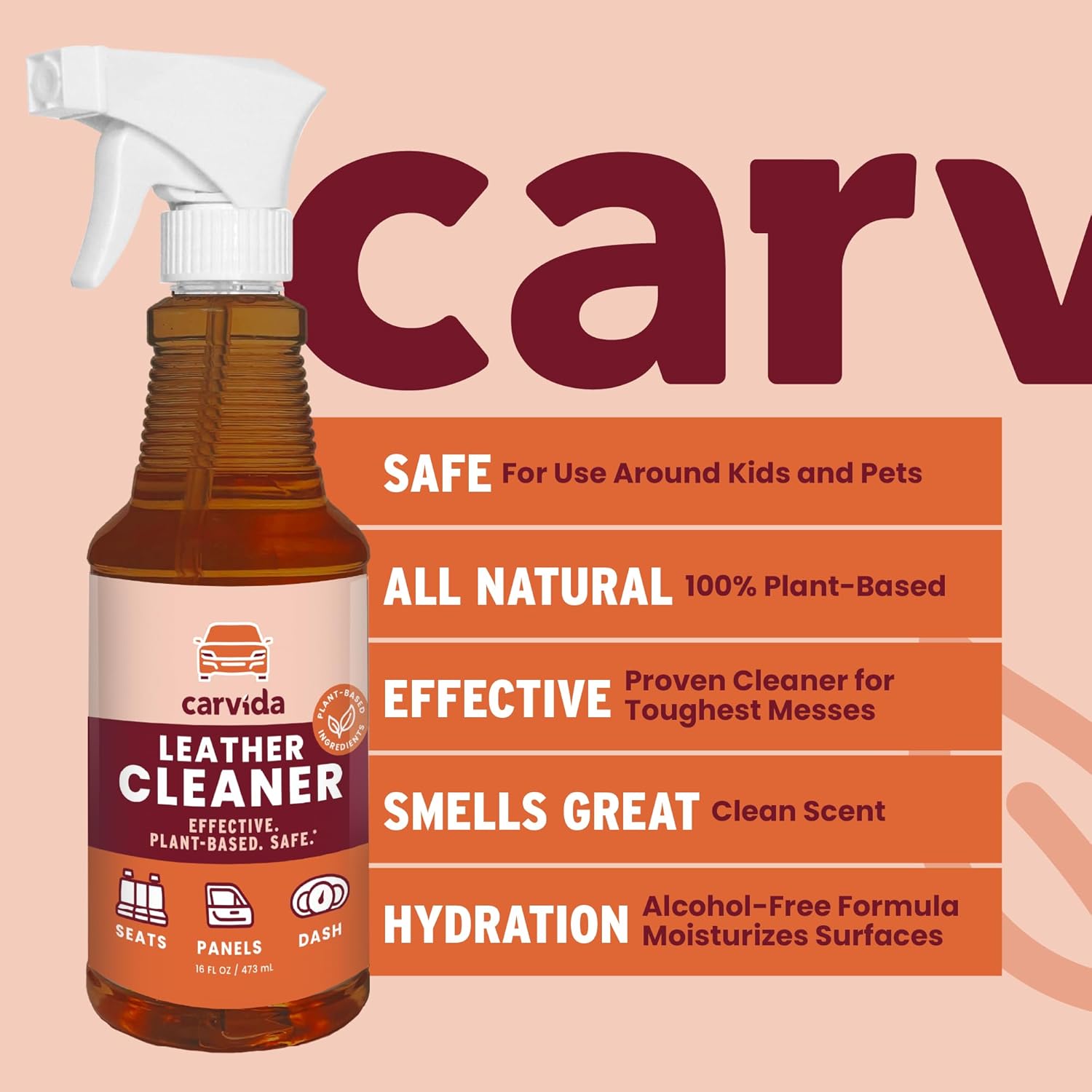 Leather Cleaner, Plant-Based Cleaner for Car Seats, Leather, Vinyl, 16oz