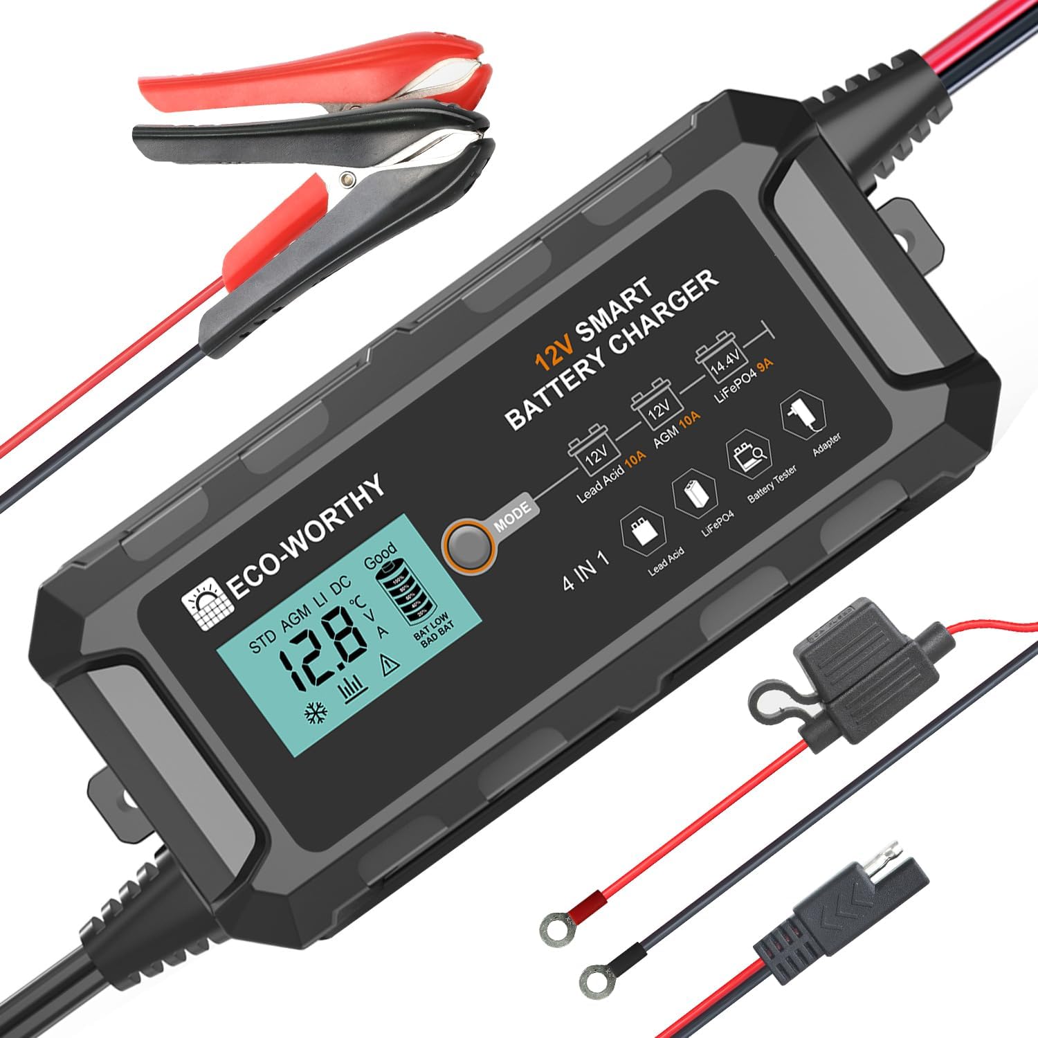 ECO-WORTHY 10A Lifepo4 Battery Charger 12V, Smart Car Battery Charger Automotive Battery Maintainer, Trickle Charger and Desulfator for Lead Acid Motorcycle Marine Boat