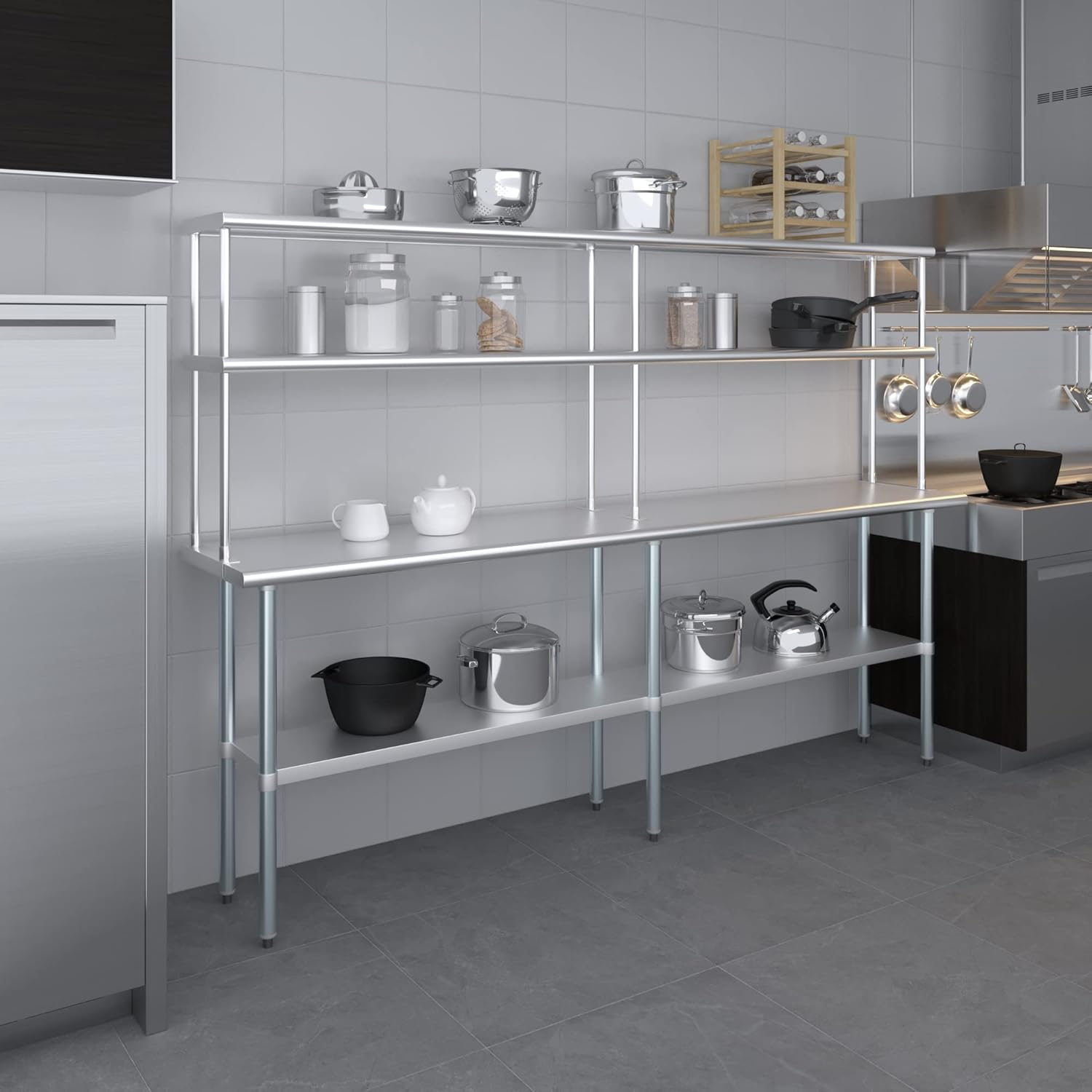 Amgood Stainless Steel Work Table Double Tier Overshelf | Metal Kitchen Prep Table & Shelving Combo (18" x 96" Work Table + 12" Overshelf)