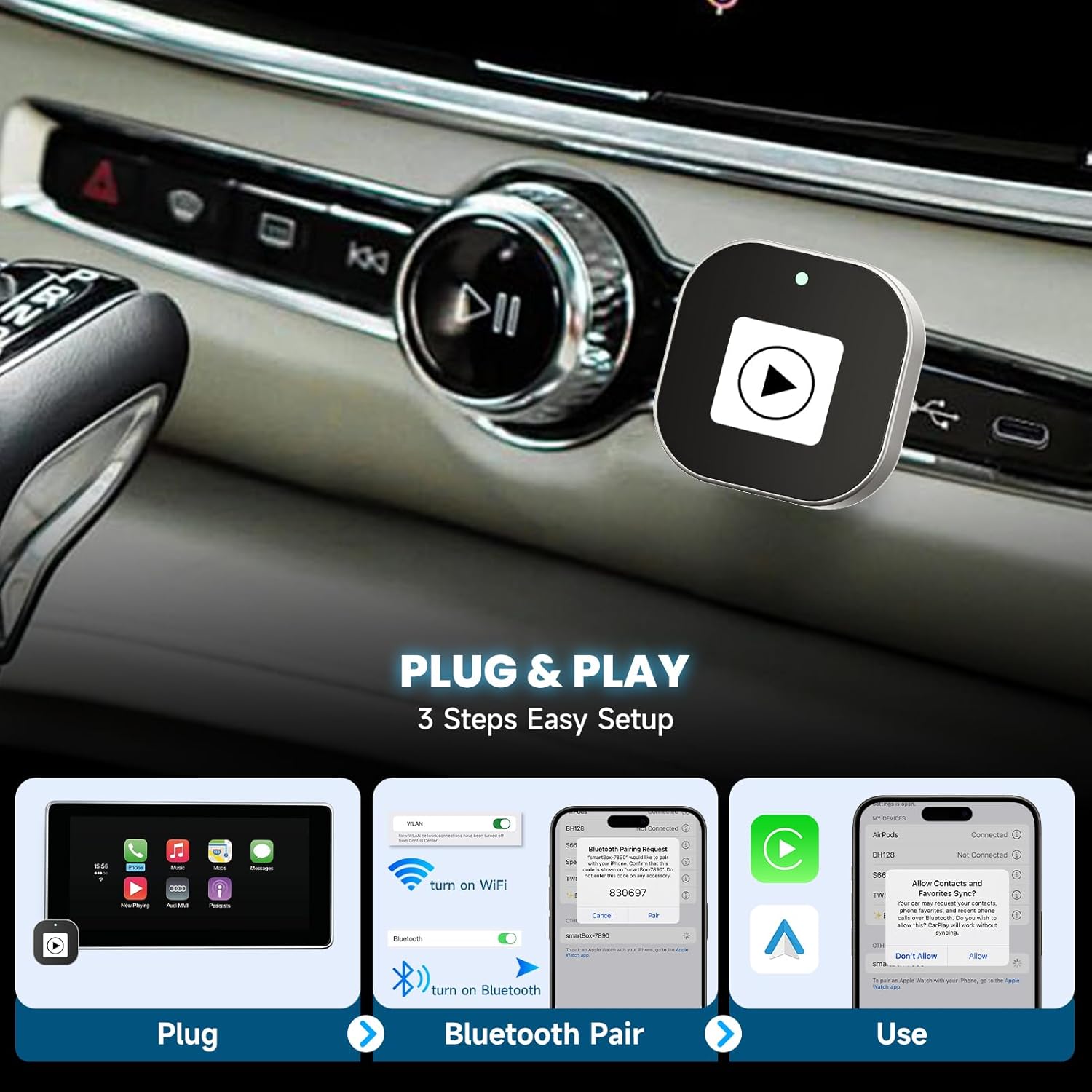 Spedal CL322 Wireless CarPlay & Android Auto Adapter – 2025 Upgrade Mini Design - Converts OEM Wired to Wireless, Plug & Play, Auto Reconnect, Compatible with iPhone 6+, Android 11+ (2016+ Cars)