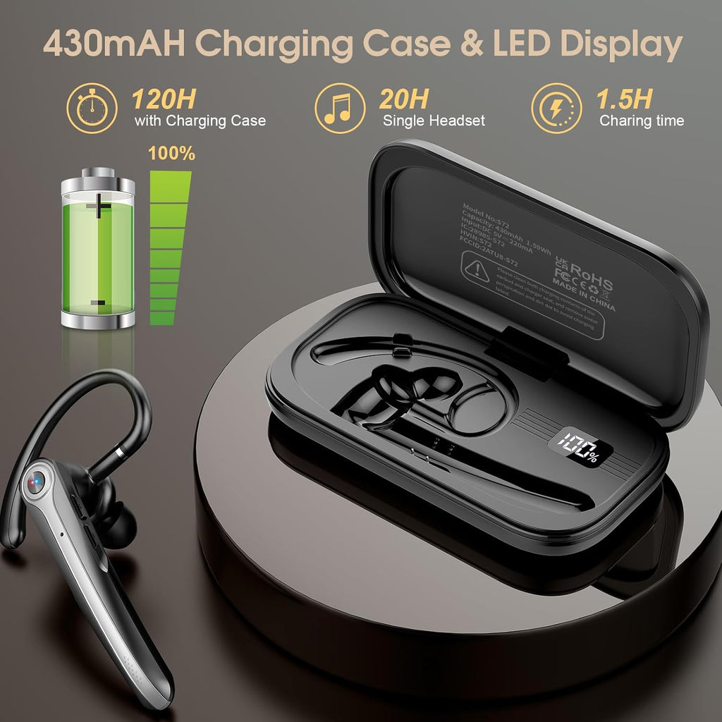 Bluetooth Headset, Wireless Bluetooth Earpiece with ENC Noise Canceling Mic, 120Hrs Talk Single-Ear Headphones, LED Display, IPX7 Waterproof Hand-Free Earphone for Business/Trucker/Driver, Blcak