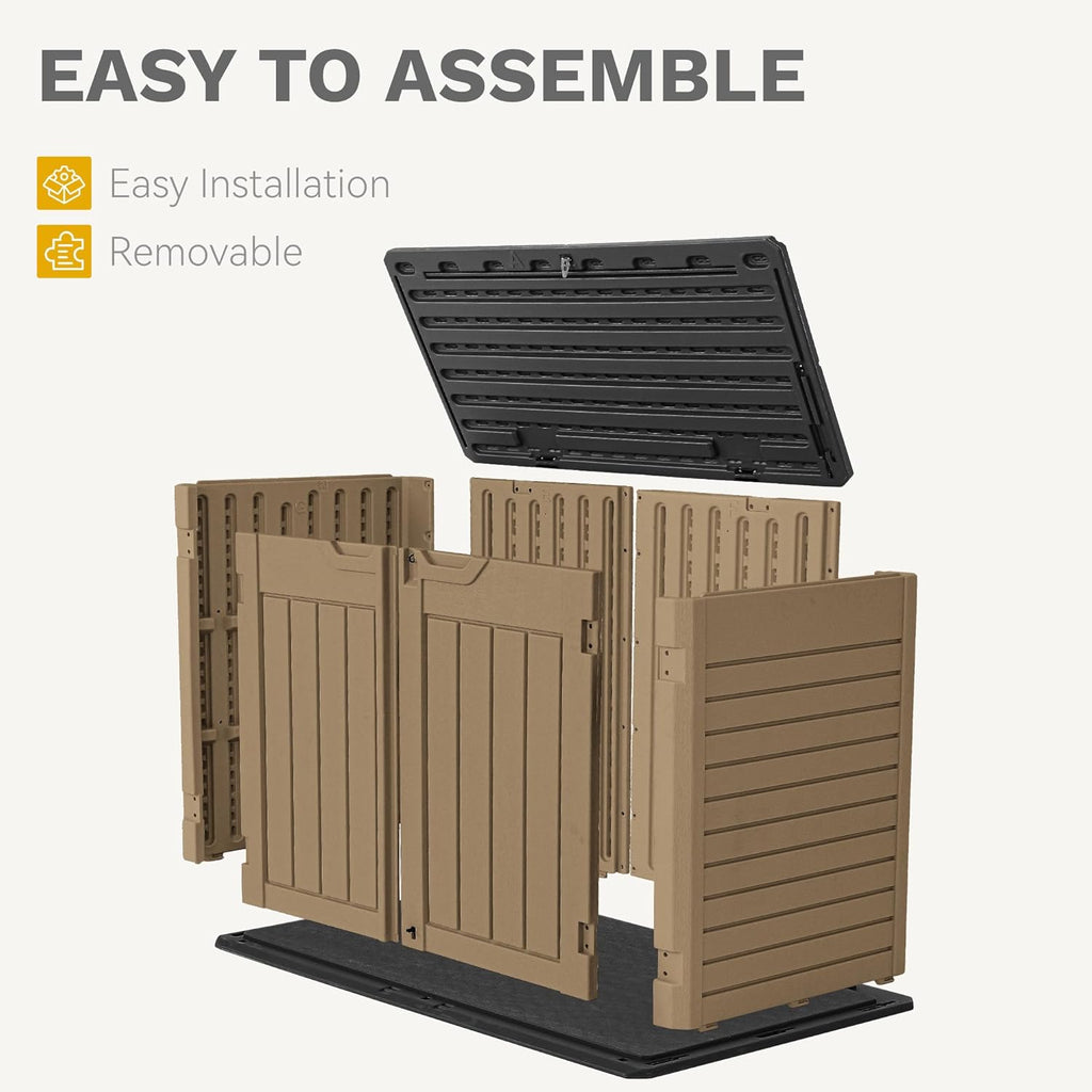 DWVO 35 Cuft Outdoor Horizontal Storage, Waterproof Resin Storage Shed with Floor and Multiple Accesses for Garden Tools, Easy Assembly, Brown (No Shelf Included)