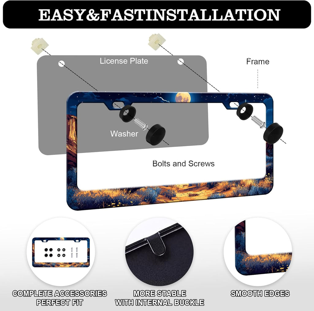 Moon License Plate Frames - 2 Pack Starry Sky Moonlight Stainless Steel License Plate Holder,Rust-Proof Waterproof Car Decorative Tag Frame with Screws Fasteners Caps