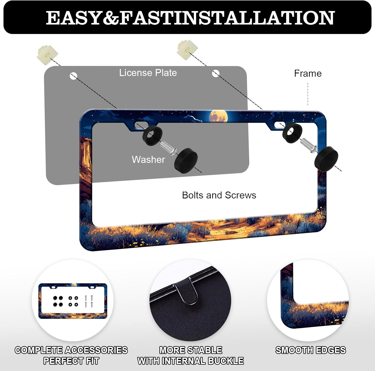 Moon License Plate Frames - 2 Pack Starry Sky Moonlight Stainless Steel License Plate Holder,Rust-Proof Waterproof Car Decorative Tag Frame with Screws Fasteners Caps