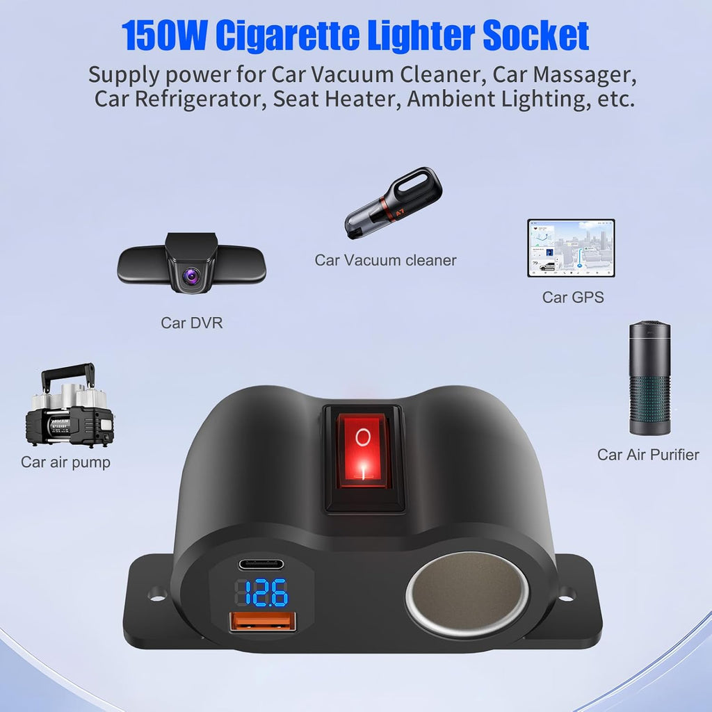 2-in-1 Surface Mount 12V USB Outlet Cigarette Lighter Socket, PD 30W and QC18W Car USB Port Car Charger with Button Switch LED Voltmeter and 120W Socket, Suitable for Cars, Boats, RVs and ATVs
