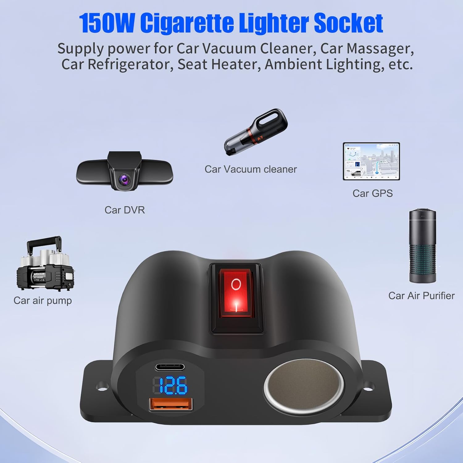 2-in-1 Surface Mount 12V USB Outlet Cigarette Lighter Socket, PD 30W and QC18W Car USB Port Car Charger with Button Switch LED Voltmeter and 120W Socket, Suitable for Cars, Boats, RVs and ATVs