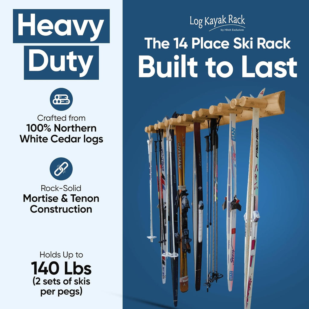 14-Place Log Ski Rack Wall Mount, Indoor Ski Storage Rack for Garage Organizers, Wooden Skis Wall Mount Storage Racks, Pole Skis Sports Racks, Garage Organization Walls - Natural