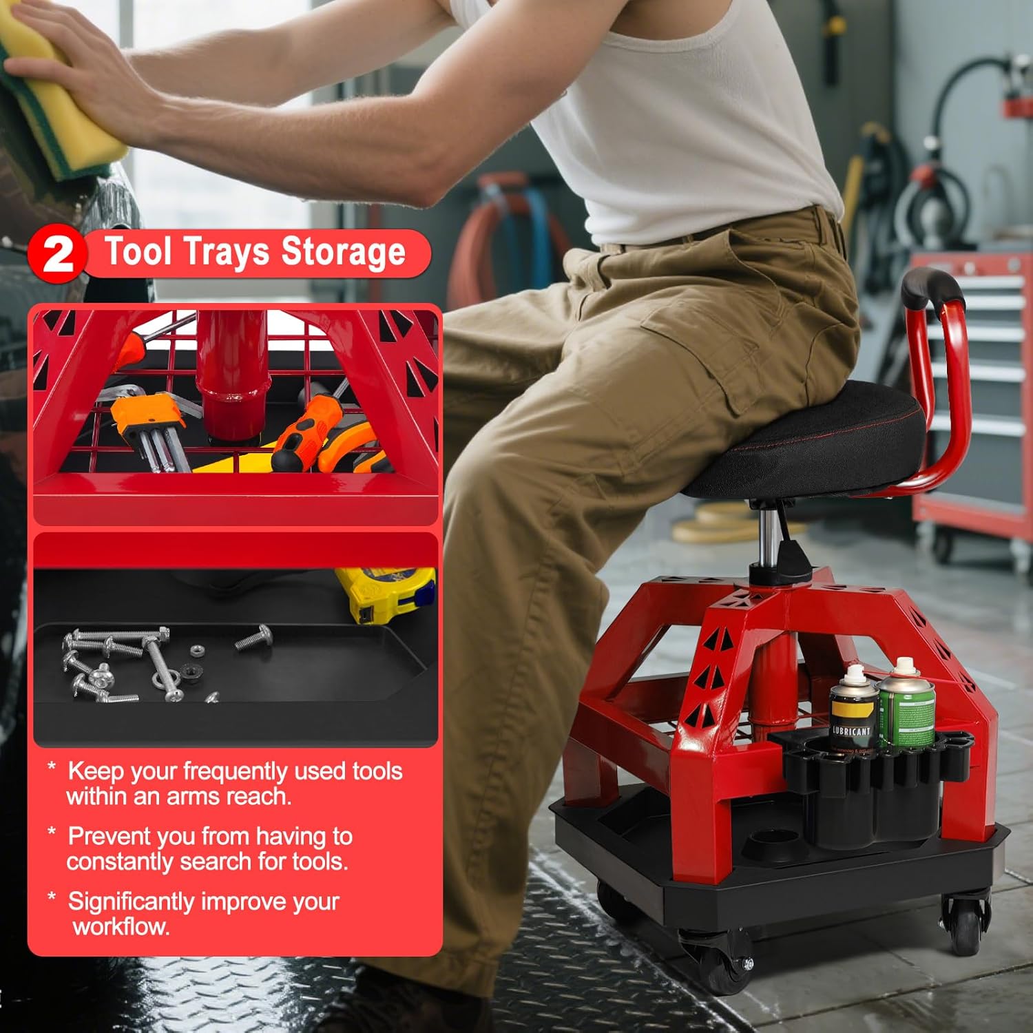 Rolling Shop Stool with Wheels, Heavy Duty Garage Work Mechanic Stool with Backrest, Adjustable Height 360°Swivel Rolling Chair with Tool Tray Storage, 330 LBS Capacity, Red