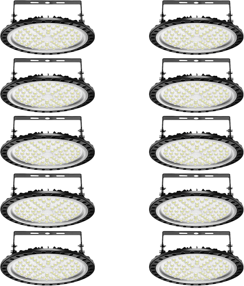 Viugreum 10 Pack 300W UFO LED High Bay Lights, 30000LM 6000K-6500K Daylight White Ultra Thin LED Warehouse Lighting, IP65 Waterproof Commercial Bay Lighting Garage Shop Area Light