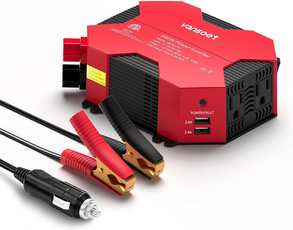500 Watt Car Power Inverter DC 12V to AC 110V Car Plug Inverter Adapter Power Converter with 4 USB Charging Ports and 2 AC Outlets Car Charger