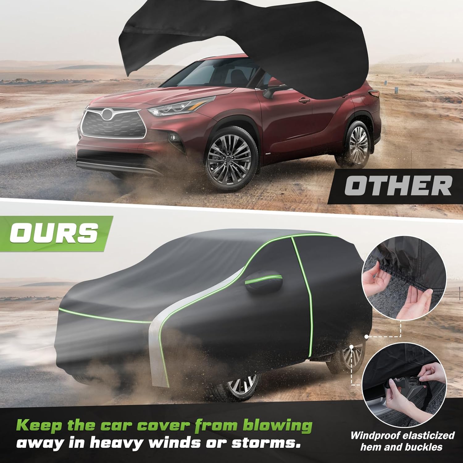 Mixsuper Liner Car Cover for Toyota Highlander 2001-2025, 7 Layers Waterproof Car Cover Accessories for Highlander with Zipper Door, Windproof Straps, Reflective Strips, Anti-UV, All Weather