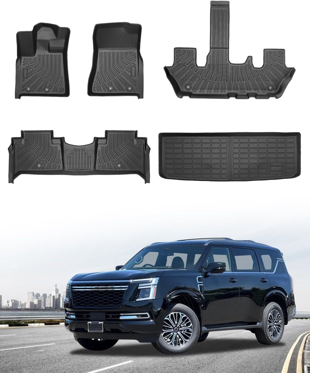Icyhaws® Floor Mats & Cargo Liner for Nissan Armada/Infiniti QX80 2025 7 Seats, All-Weather TPE Waterproof Carpet Car Liner Anti-Slip Tech Front/Rear/Third Row Automotive Accessories for Nissan/QX80