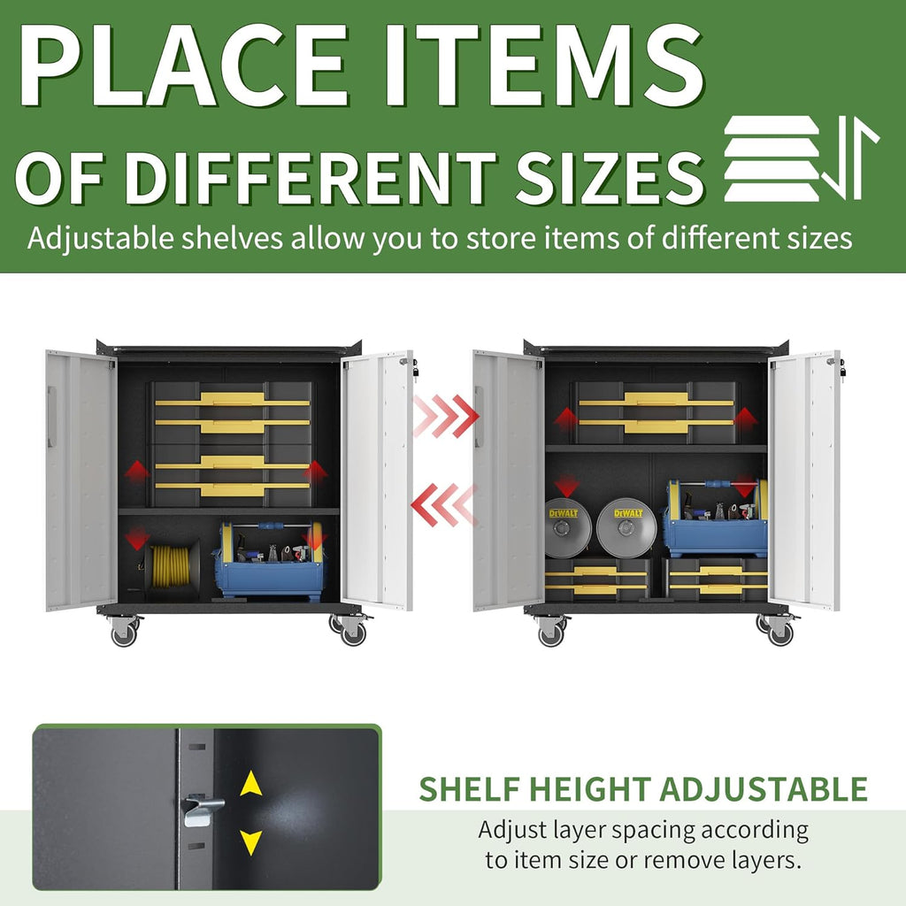 Metal Tool Cabinet,Garage Storage Cabinet System,Wall Cabinet & Locking Rolling Tool Cabinet with Doors and Adjustable Shelves,Steel Tool Cabinets for Home,Office (2 Pcs-StyleC, Black & Grey)
