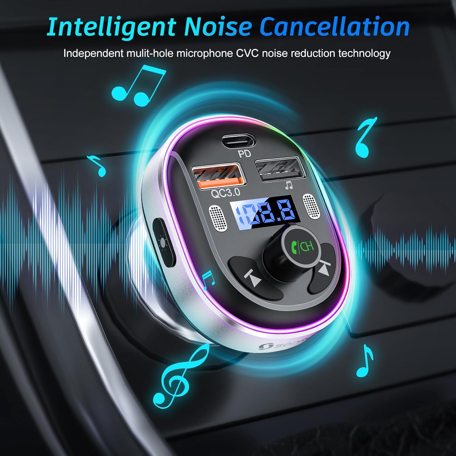 SONRU Bluetooth 5.3 FM Transmitter for Car, Bluetooth Car Adapter, PD 30W & QC3.0 18W Fast Car Charger, Wireless FM Radio Music Adapter, Stronger Dual Mics/7 Colored LED Backlit/Hands-Free Calling