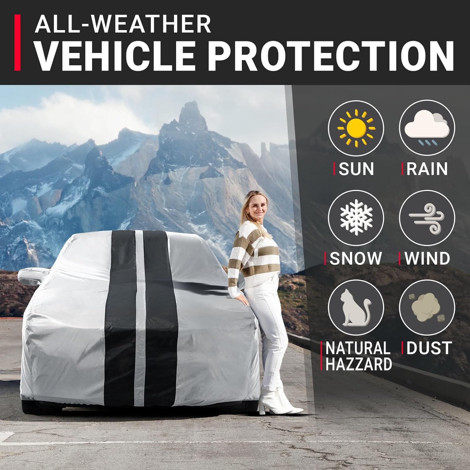 iCarCover Custom Car Cover for Pontiac Sunfire Coupe (1995-2002) Waterproof All-Weather Rain Snow UV Sun Protector Full Exterior Indoor Outdoor Car Cover (Stripe - Gray/Black)