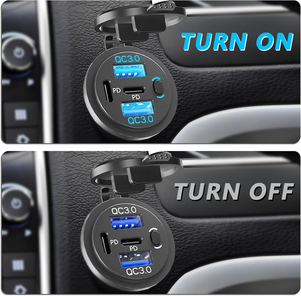 2PCS,Dual PD USB C Ports & Dual USB Quick Charge 3.0 Ports 12V USB Outlet with Switch, VANONE Waterproof and Dustproof Car Charger Socket, Accessories for Car Boat Marine Motorcycle RV ATV Golf Cart