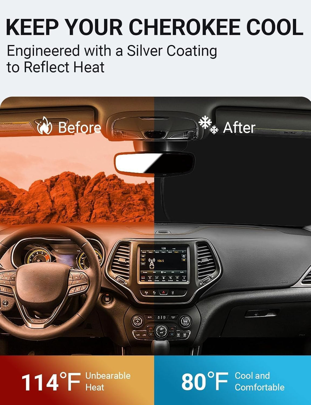 Proadsy for Jeep Cherokee 2014-2024 2025 (Not for Jeep Grand Cherokee) Windshield Sun Shade 4-Layer Foldable Front Sunshade Protector Sun Visor Blocks UV Rays Keep Car Cooler