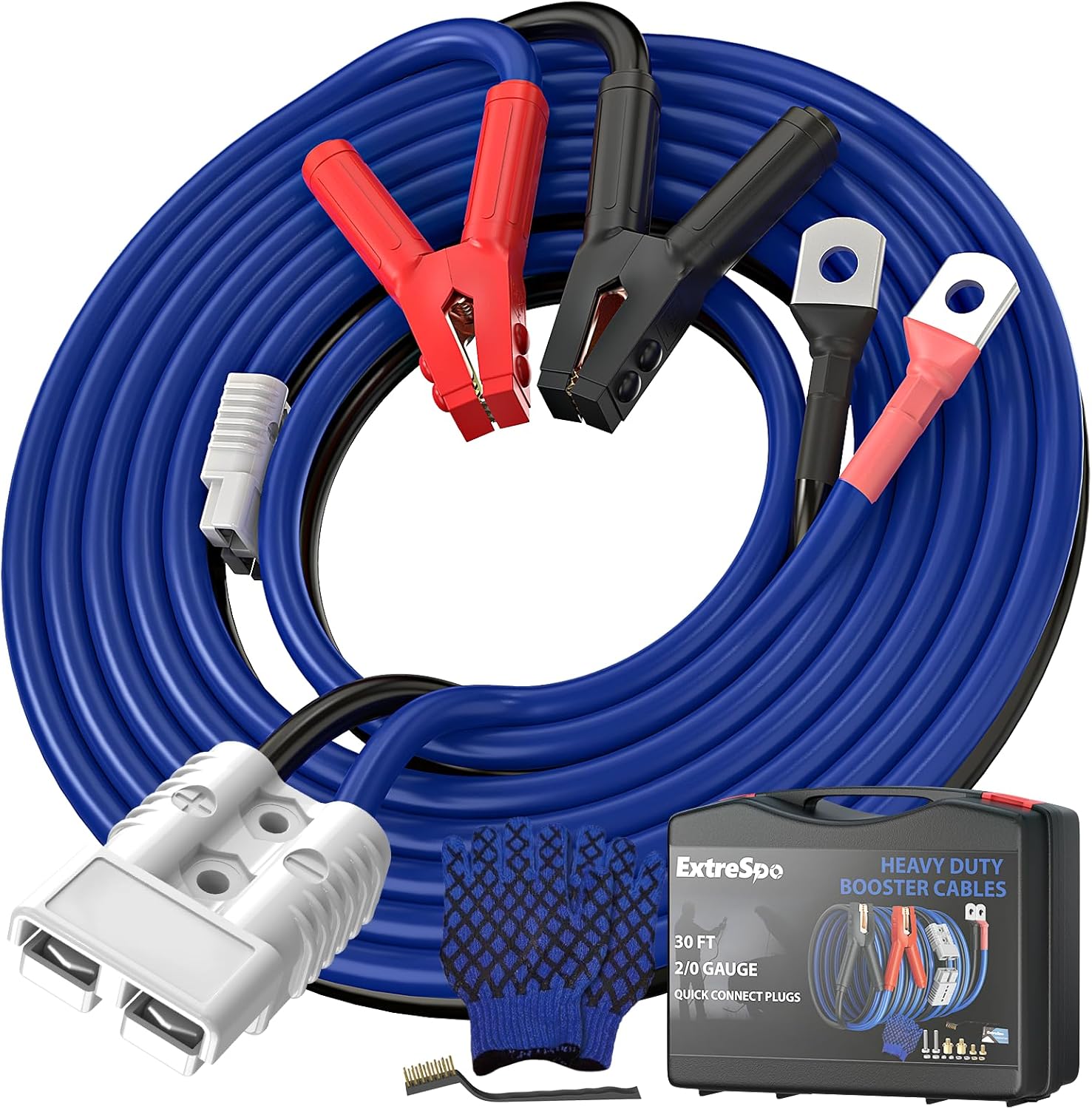2/0 Gauge 30 FT Heavy Duty Jumper Cables, 1500Amp Quick Connect Booster Cables for 12V & 24V Cars, SUVs and Trucks, Kit with Carry Case, Gloves, Brushes