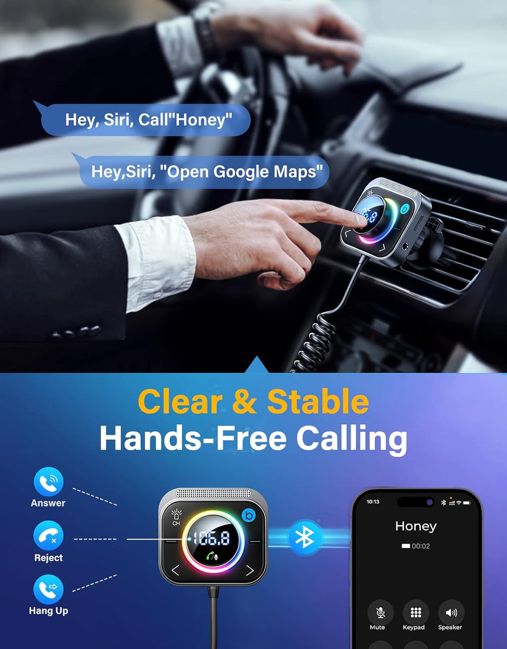 JOYROOM 66W Bluetooth 5.4 Car Adapter Aux with 3 Charging Ports【PD 30W & 2 * 18W】【Air Vent Installation for Safe】 Deep HiFi Bass Player Wireless Radio FM Transmitter for Car with Colorful LED Light