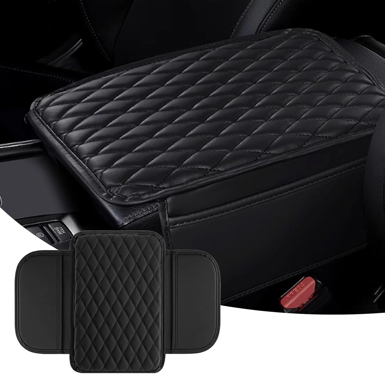 Car Center Console Cover, Upgraded Leather Arm Rest Cover for Car SUV, Car Middle Armrest Console Cover with 2 Storage Bags Scratch Resistant Waterproof Universal Car Accessories (Black)