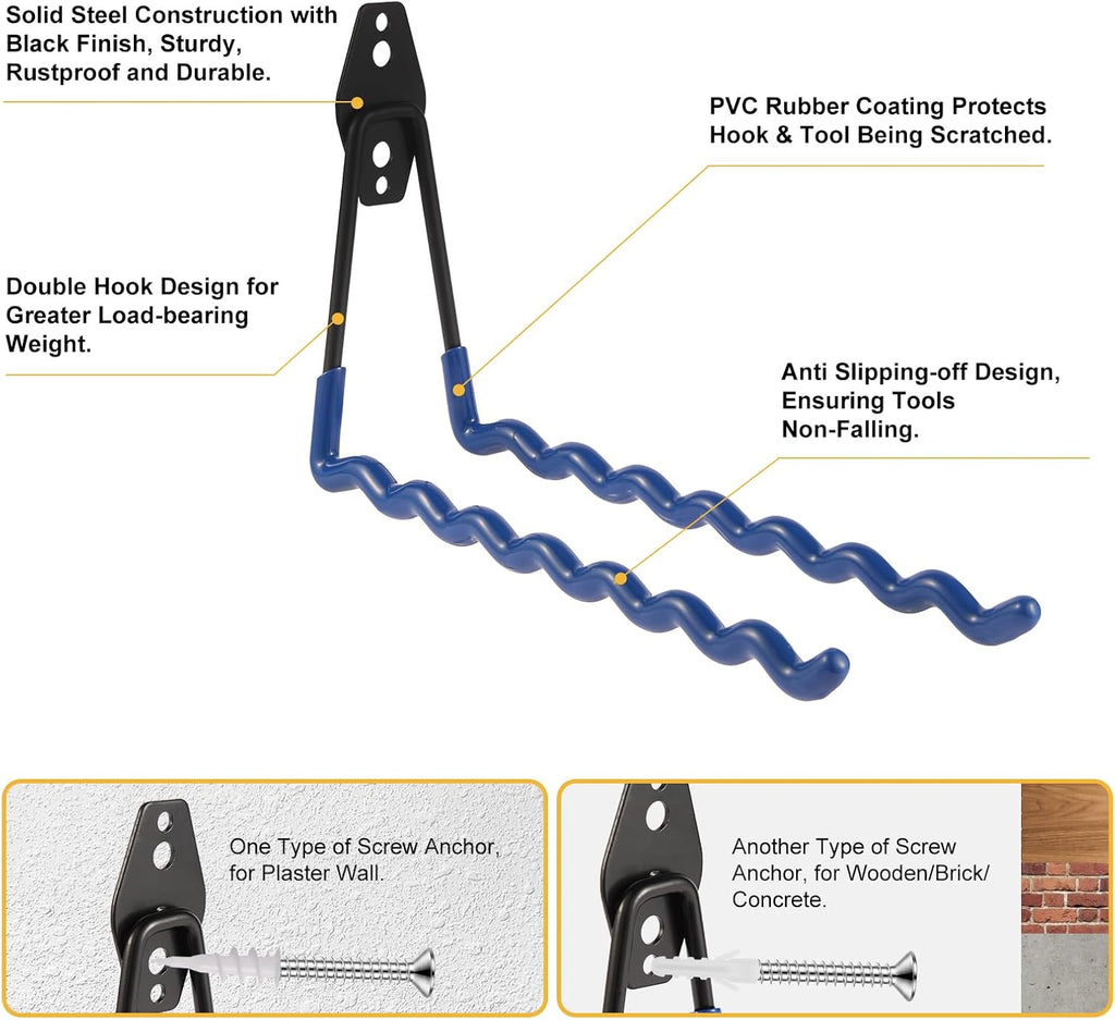 Wall Mounted Garage Hooks Tool Organizer, 14 Inch Garage Storage Hook Heavy Duty Utility Wall Hangers Blue for Ladders, Hose, Garden Tools, Set of 4