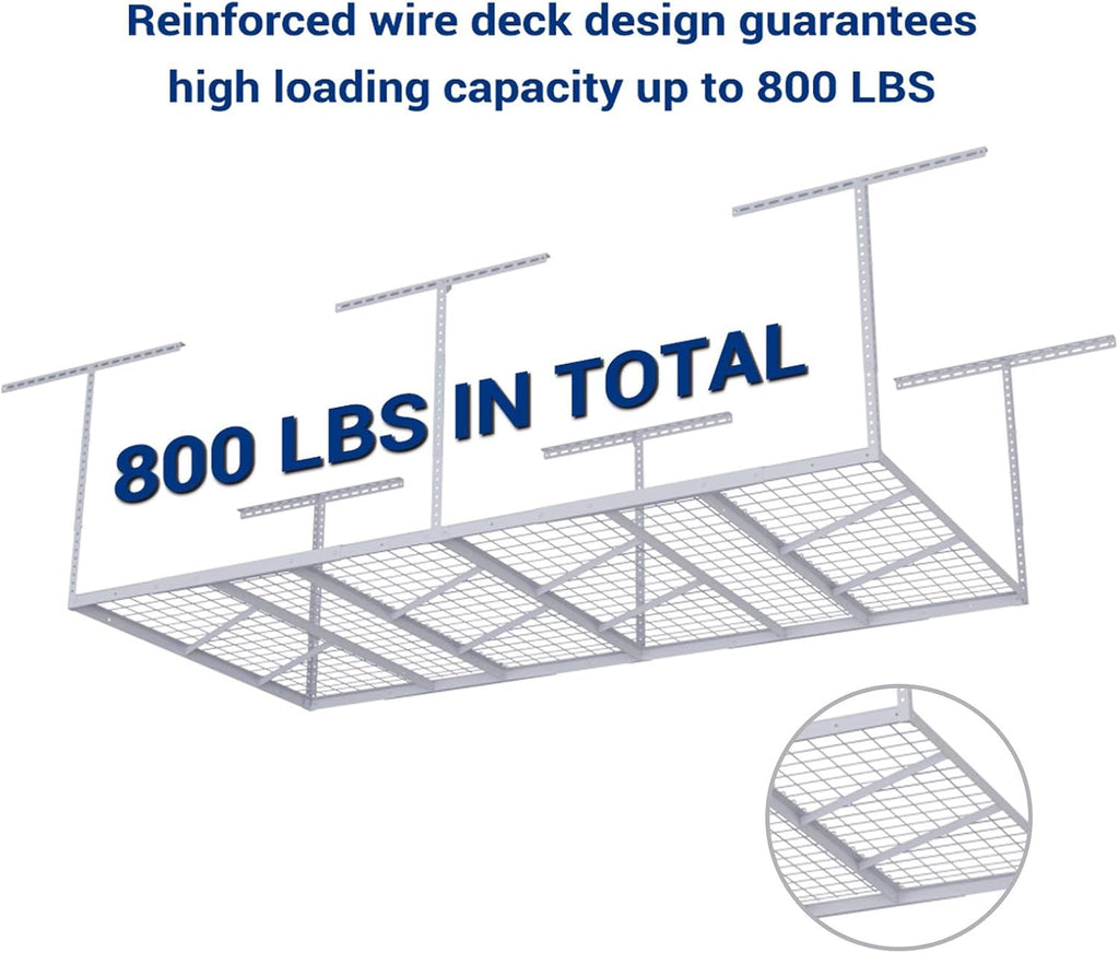 FLEXIMOUNTS Pro 4x8 Overhead Garage Storage Rack,Adjustable Storage Organization System,Heavy Duty Metal Ceiling Storage Racks,800lbs Weight Capacity,White
