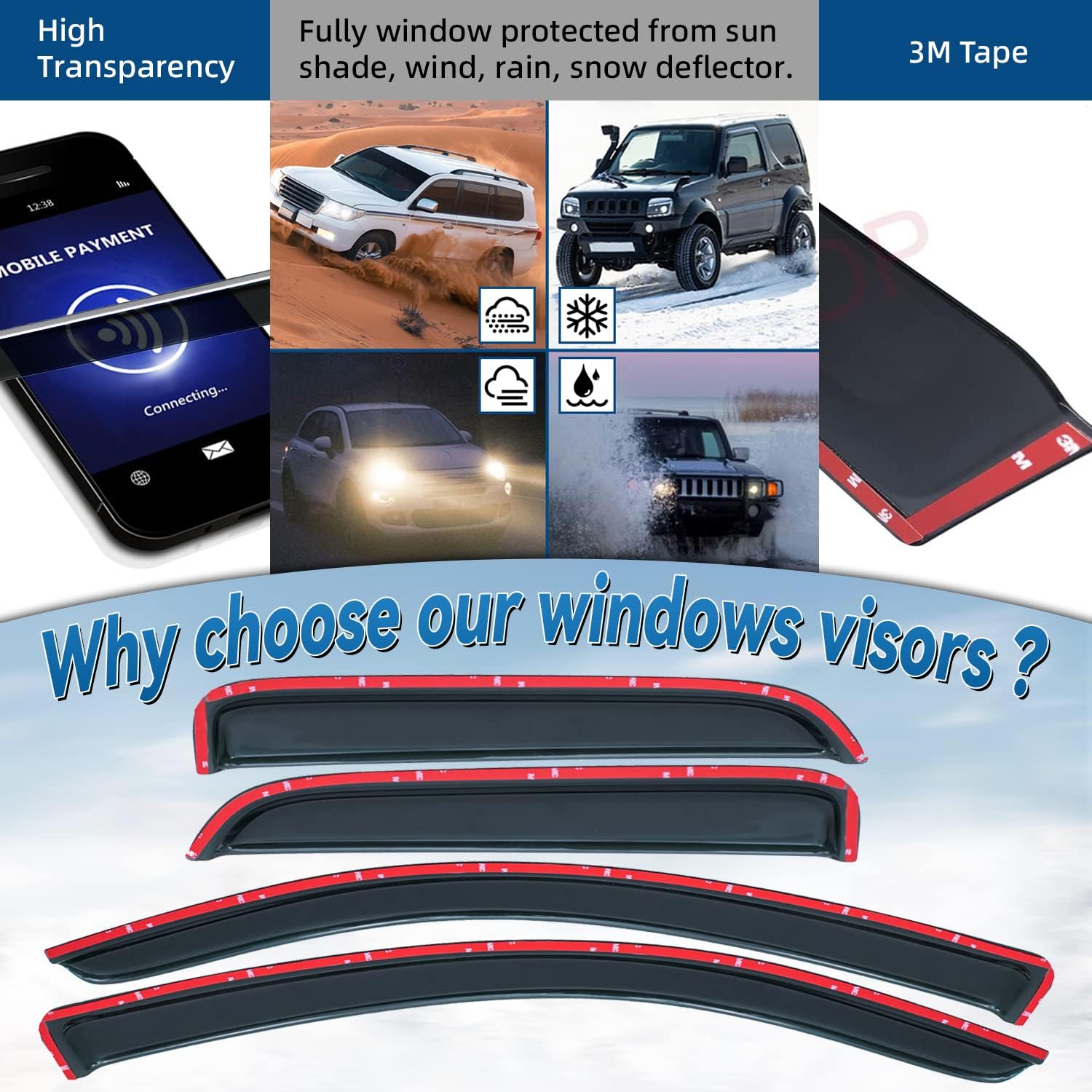 Set of 4 Front+Rear Smoke Sun/Rain Guard Outside Mount Tape-On Acrylic Window Visors Compatible with 14-18 Silverado Sierra 1500 15-18 2500/3500 HD Double/Extended Cab with Half Size Rear Doors