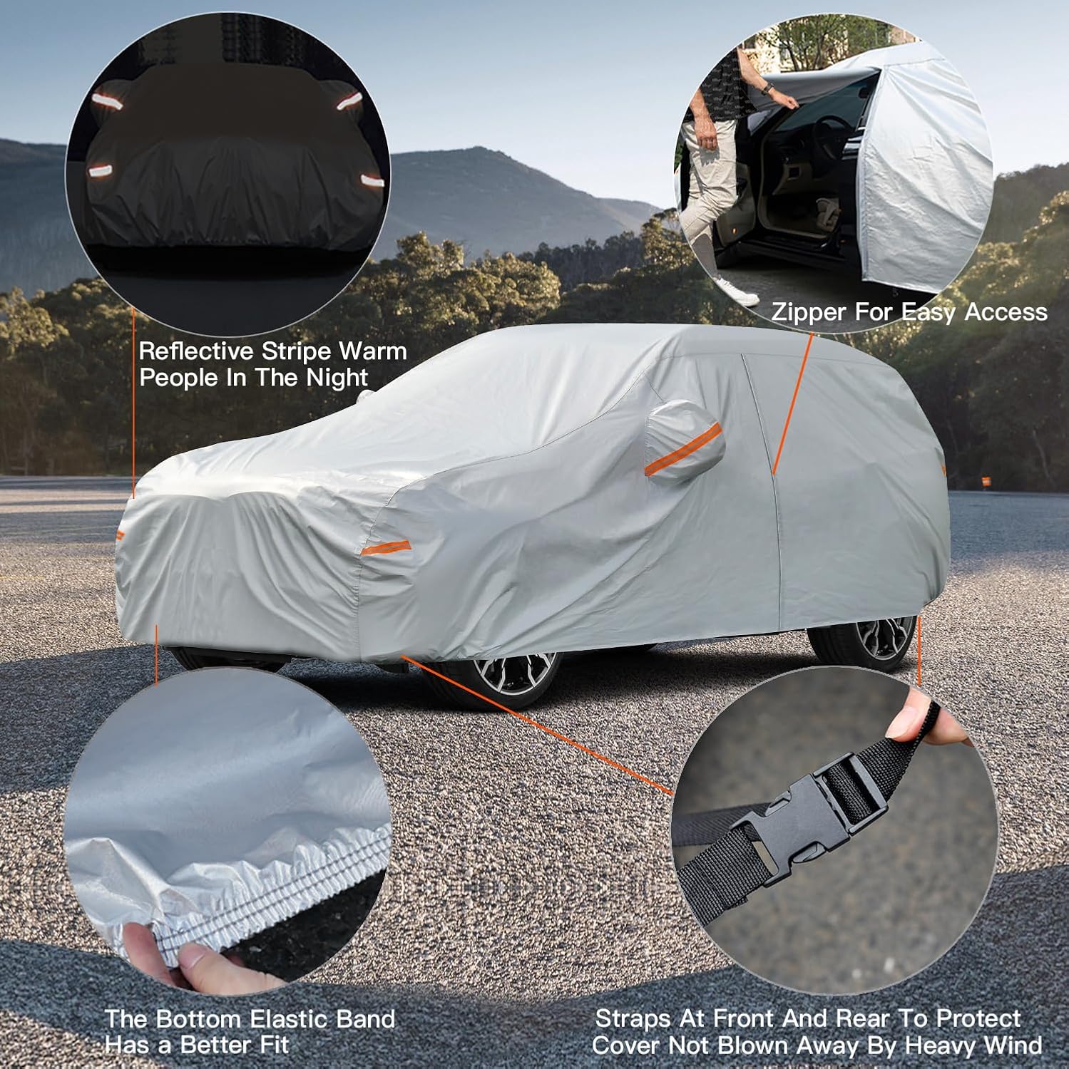 Kayme 6 Layers SUV Car Cover Waterproof All Weather for Automobiles, Outdoor Full Size Cover Rain Sun UV Protection with Zipper Cotton, Universal Fit for SUV Jeep (182-190 inch)