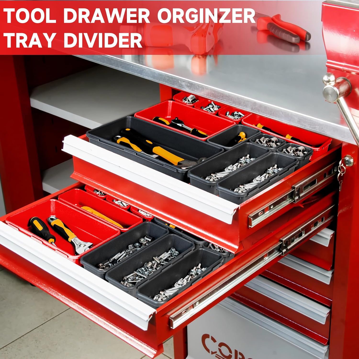 Tool Box Organizer Tray, Toolbox Desk Drawer Organizer, Tool Box Tray, Toolbox Organization Storage for Rolling Tool Chest (60PCS (Black+Red))