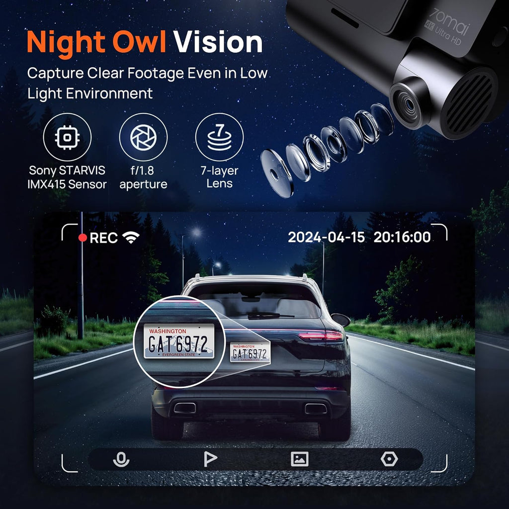 70mai 4K Dash Cam Front and Rear with STARVIS, Built in 5GHz WiFi & GPS Car Camera, Super Night Vision, ADAS, 3'' IPS Screen, 24H Parking Mode, Time-Lapse, Loop Recording, Support 256GB Max (A800S)