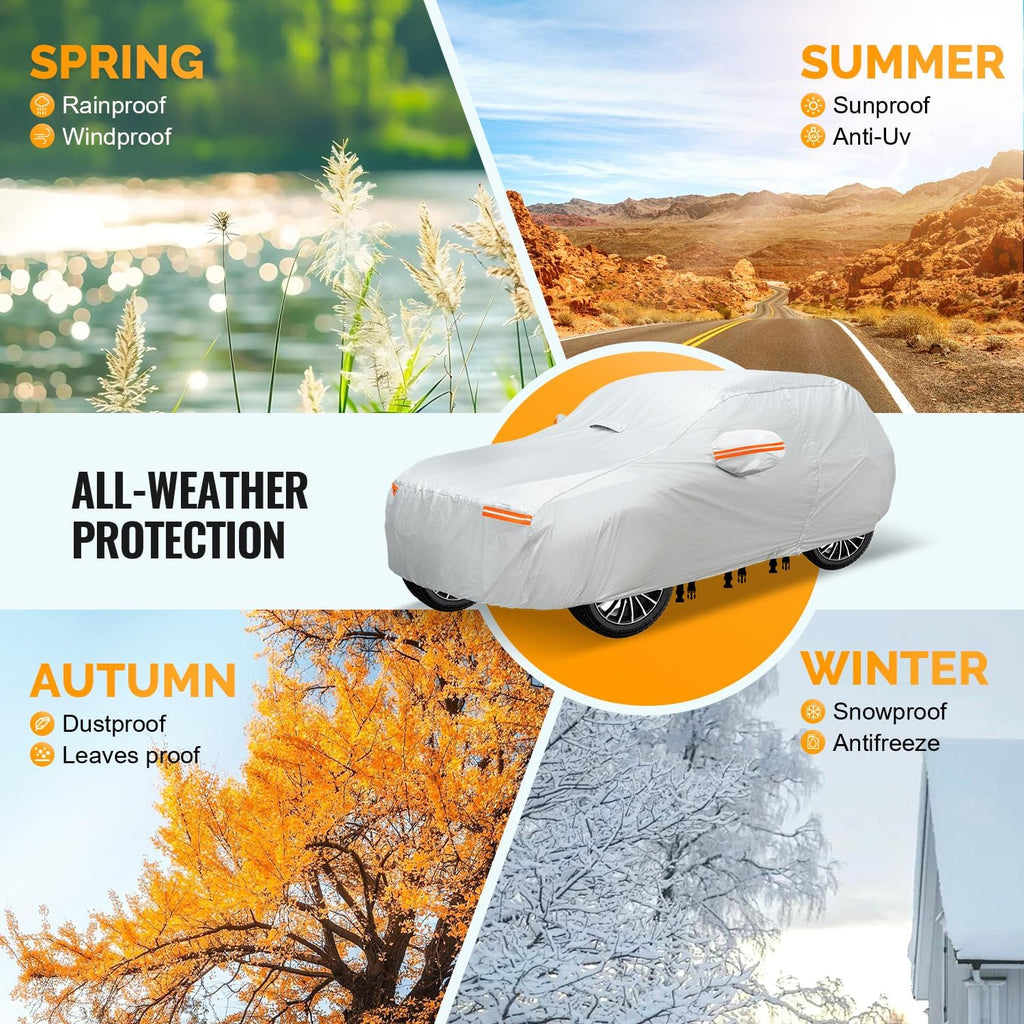 30 Layers SUV Car Cover for Automobiles All Weather Waterproof, Outdoor Snowproof UV Protection Windproof, Door Zipper, Soft Cotton, Heavy Duty Universal Car Covers, (Silver, Fit SUV 171"-180")