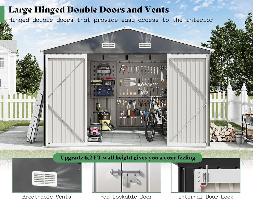 AMERLIFE 10x12x7 FT Galvanized Steel Storage Shed with Dual Transparent Panels, 2 4-Pane Windows & Hinged Double Doors, Outdoor Shed for Backyard, Garden, Patio, Dark Grey/White