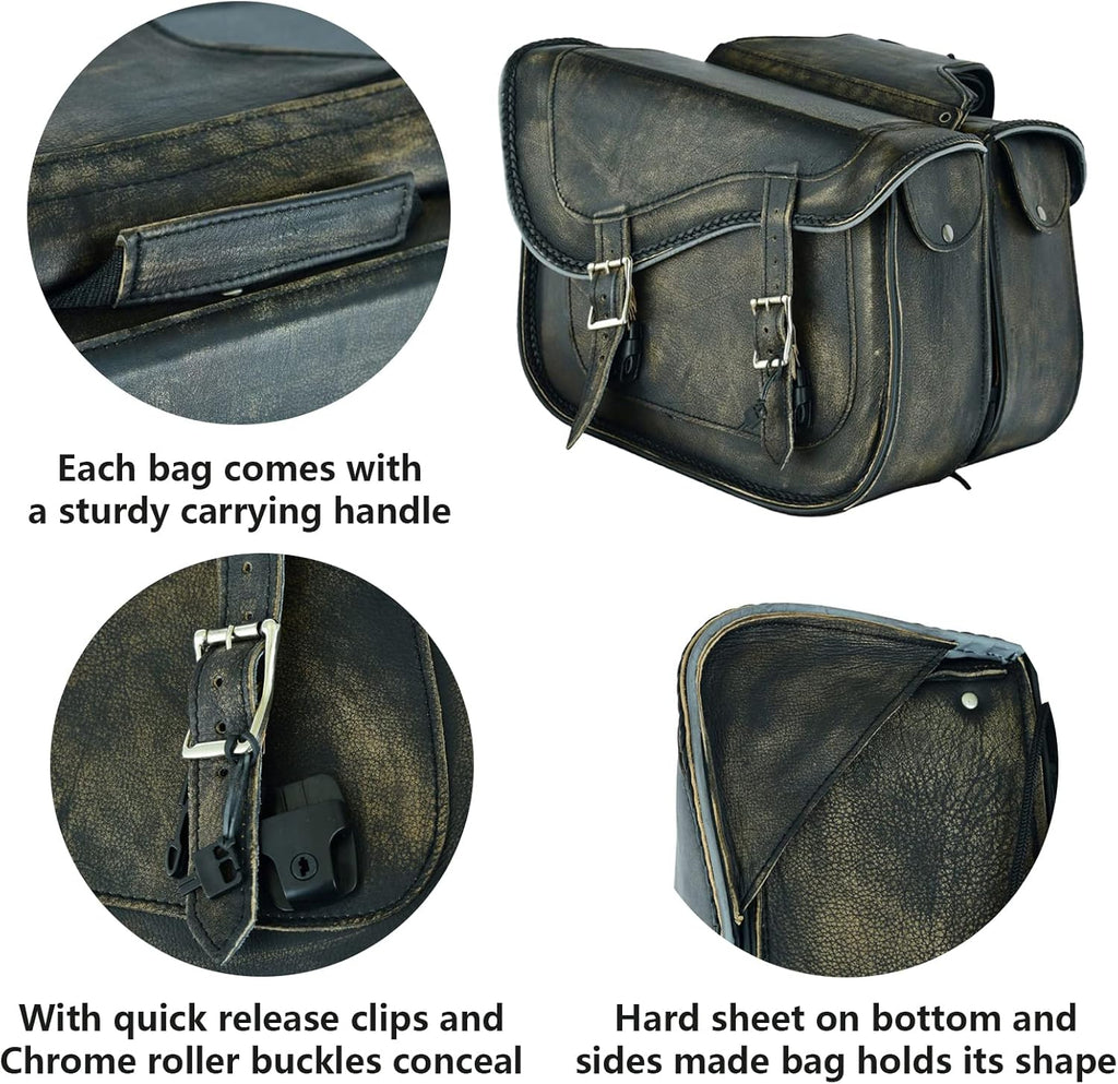 GARGOYLE BELLS Motorcycle Saddle Bags Genuine Leather Motorcycle Luggage Bag For Softails Sportsters and Choppers (No Stud, Distressed Brown, 13”x13“x10”)