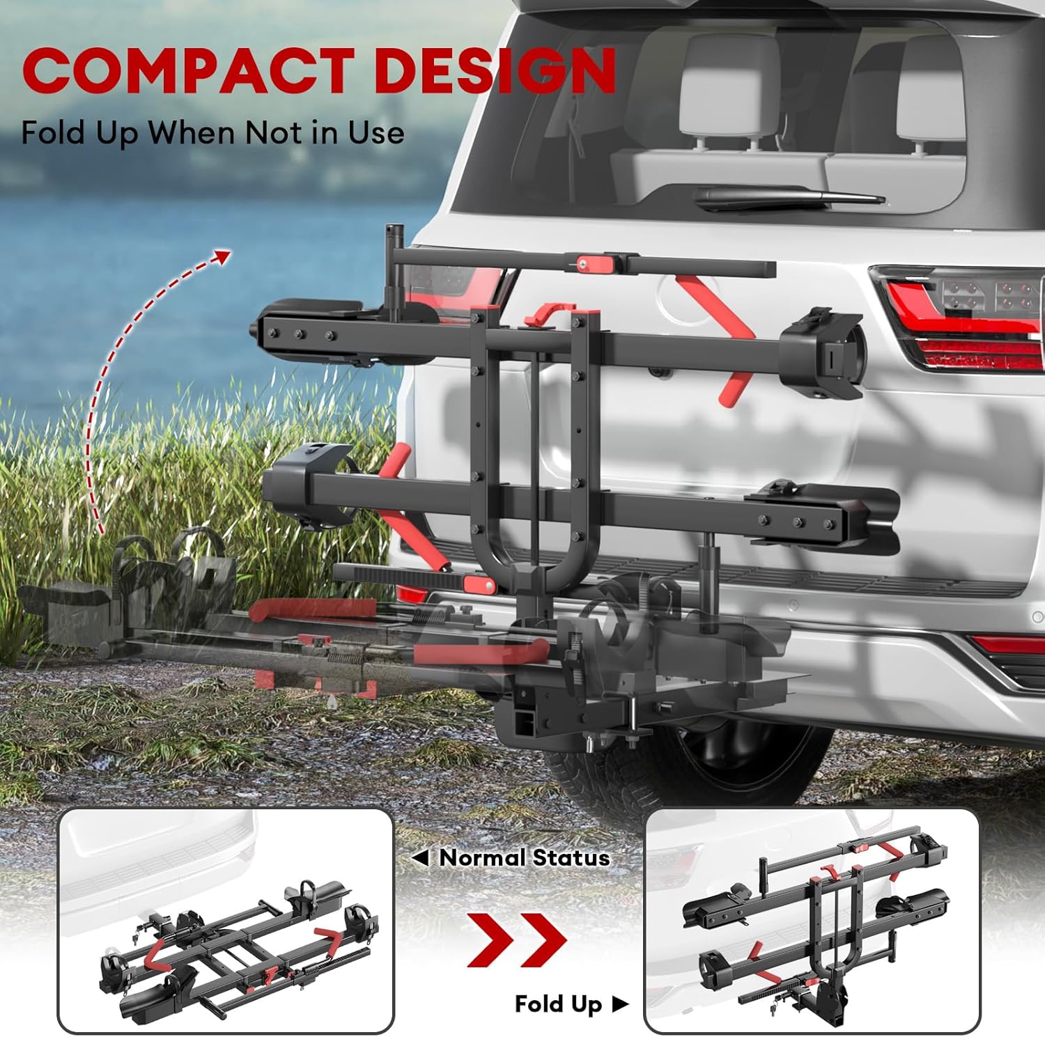 Hitch 2 EBike Rack with Ramp, 170lbs Capacity Electric Bike Carrier Foldable for 2 Heavy Ebike, Up to 5-inch Fat Tire Bicycle, 2" Receiver for Car, SUV, RV, Truck, Black