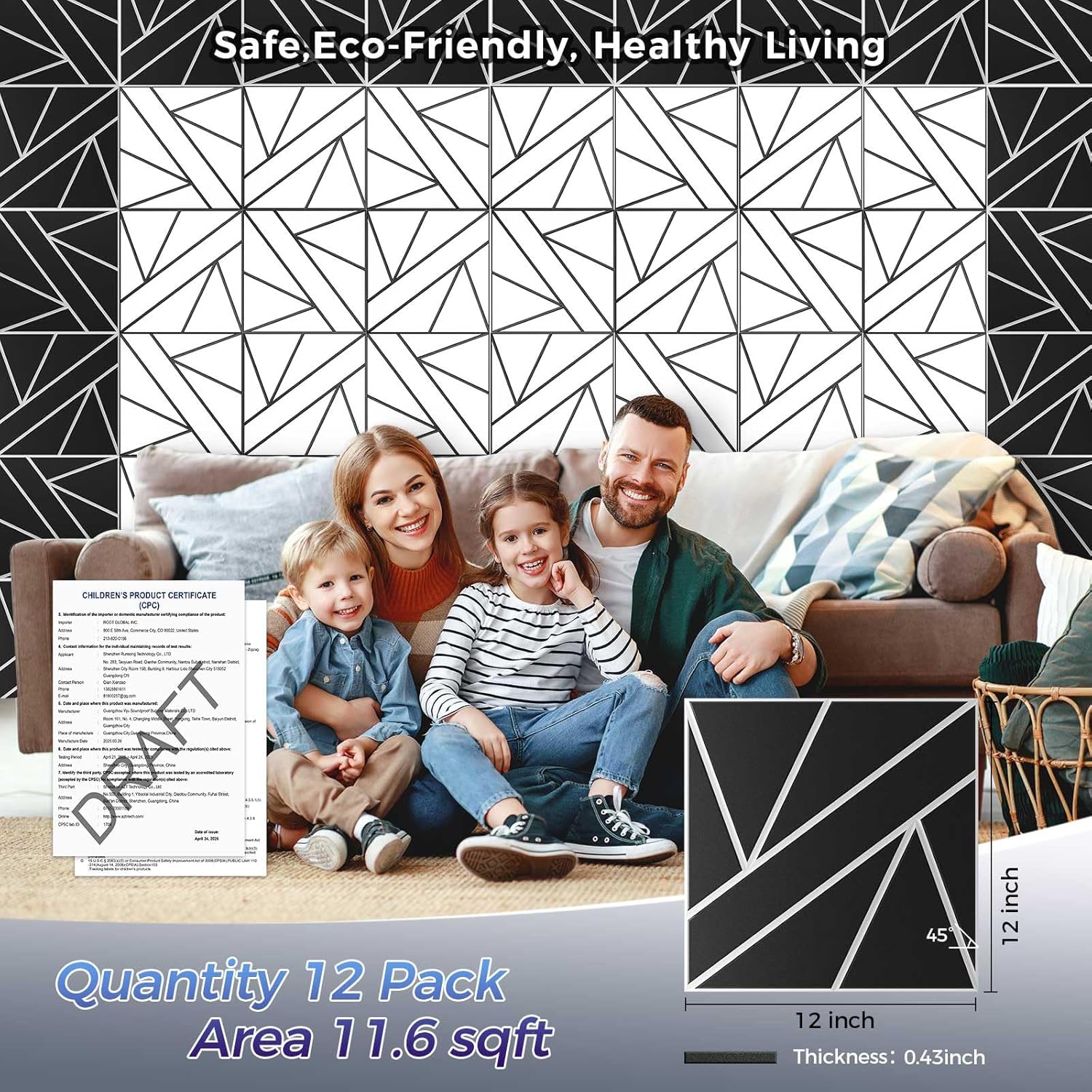 12 Pack 2-Layer Soundproof Wall Panels, 12 x 12 x 0.43 in Sound Proof FoamPanels for Walls, 0.9lb/ft* High Density, Thicker 0.43 in, 3D AcousticPanels,Artistic Noise Dampening Panels Black&White