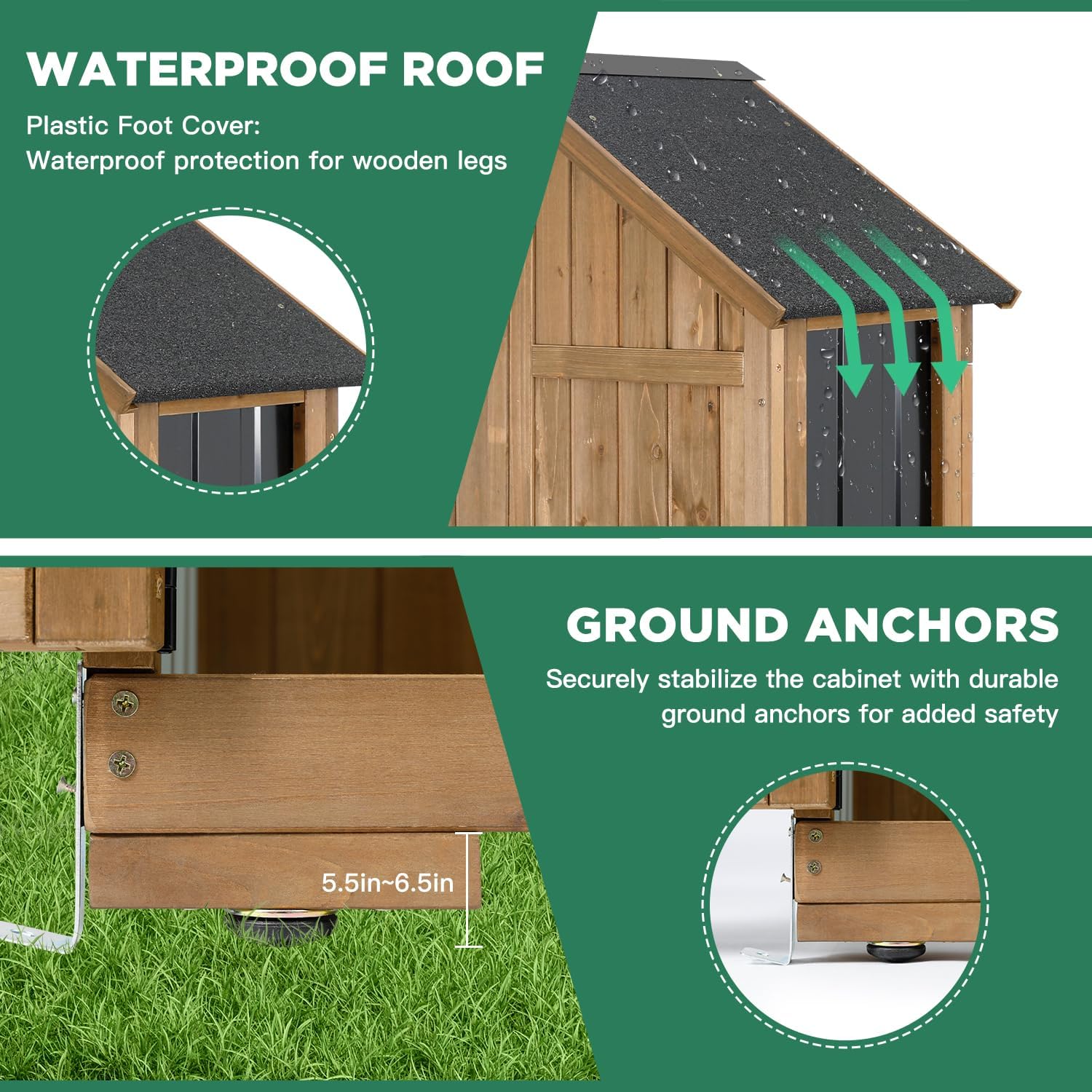 Outdoor Storage Cabinet – Weatherproof Wood & Metal Storage Shed with Adjustable Shelf, Lockable Doors, and Stability Features for Garden, Patio, and Backyard, 27 1/2”x 13”x 67” (Brown+Black)