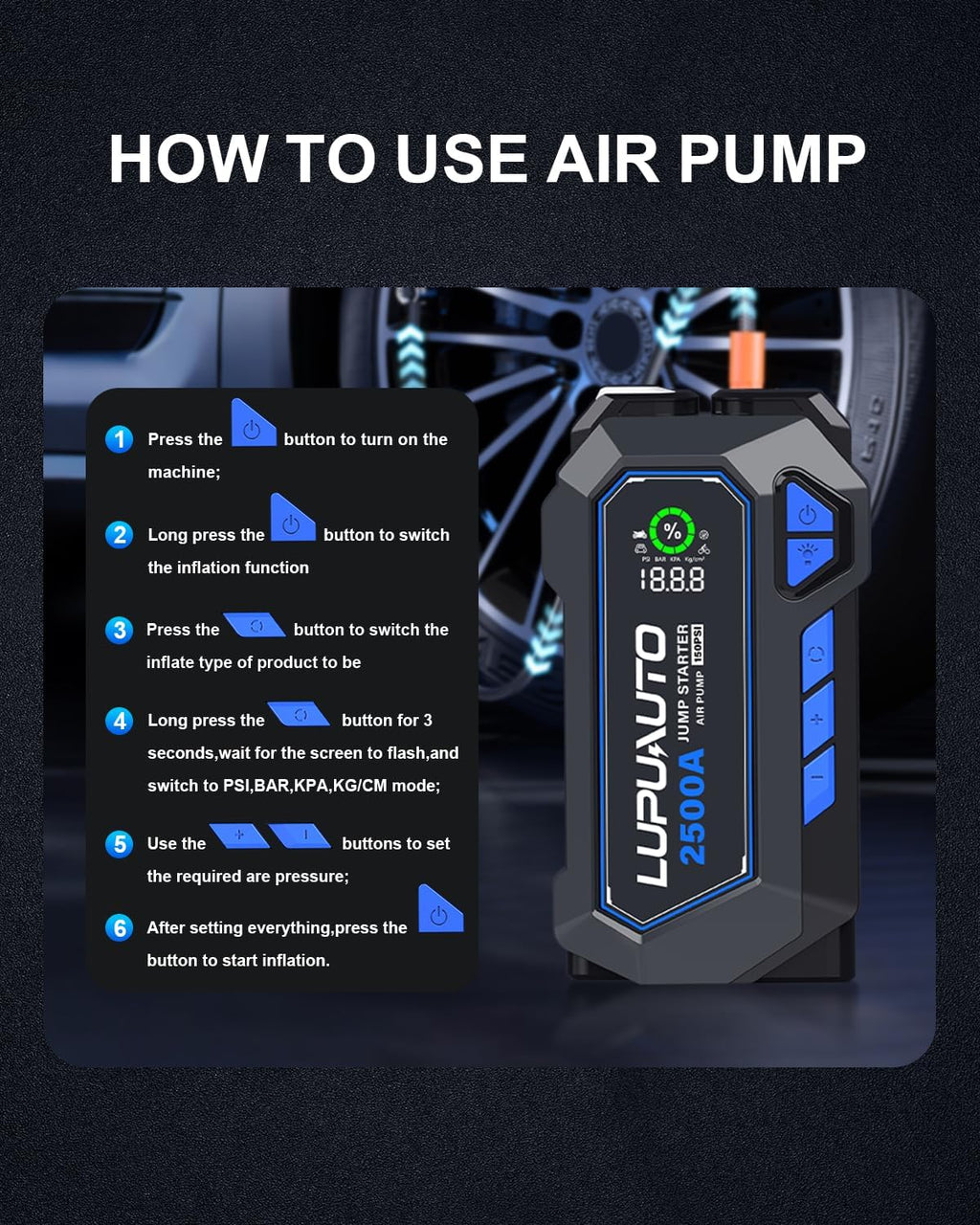 2500A Portable Jump Starter, Car Battery Jump Starter with Air Compressor, USB-C Power Bank Charger, Jumper Cables for up to 7.5-Liter Gas and 5.0-Liter Diesel Engines