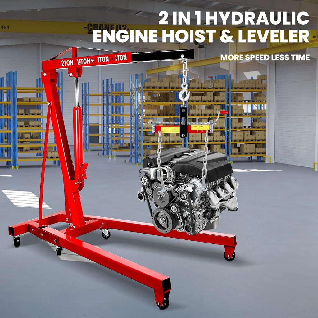 4400 Lbs Folding Cherry Picker, 2 Ton Engine Hoist with Lever, with 6 Casters, 8 Ton Hydraulic Pump 4 Adjustable Position, Engine Crane for Garage, Workshop, Repair, Red