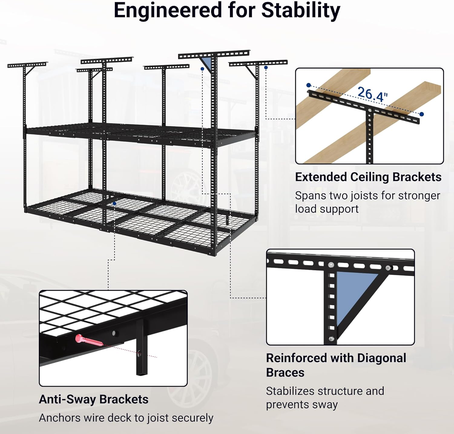 FLEXIMOUNTS 4x8 2-Tier Overhead Garage Storage Rack – Adjustable Heavy Duty Metal Garage Ceiling Storage Racks, 1000 lbs Capacity – Garages Organization System for 10–15 ft Tall Garages, Black