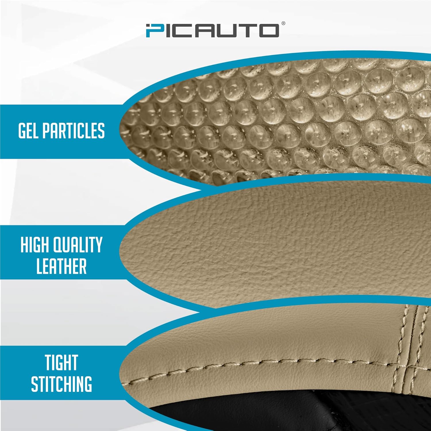 PIC AUTO Gel Particles Steering Wheel Cover, Beige Luxury Leather Car Steering Wheel Protector, Universal Fit 14.5"-15.5" Anti-Slip Car Interior Accessories for Girls & Women