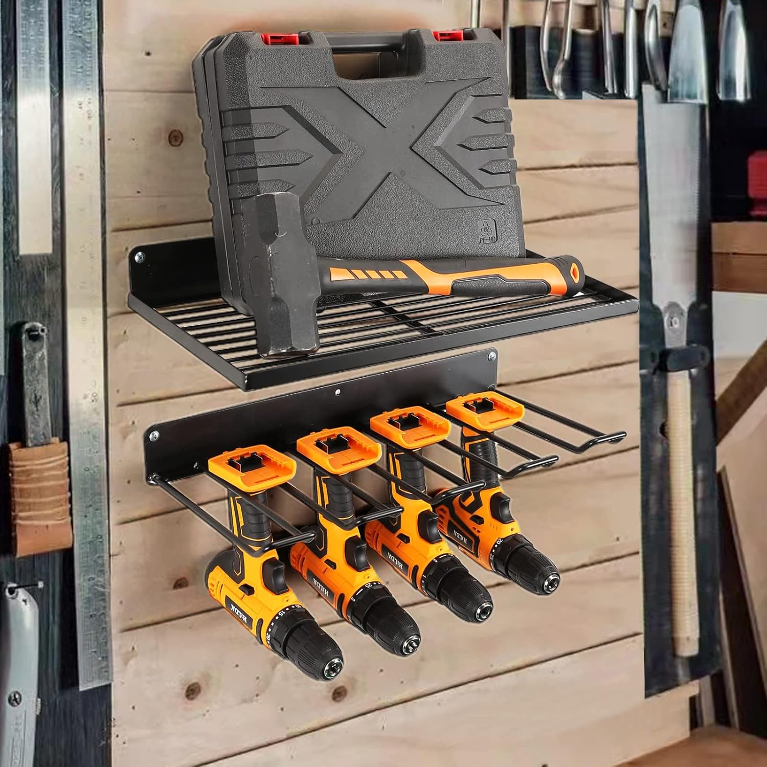 Power Tool Organizer with Charging Station,Drill Holder Wall Mount,Garage Storage Shelves for Organization and Storage,Heavy Duty Pegboard Wall Organizer Set Solid Metal Black