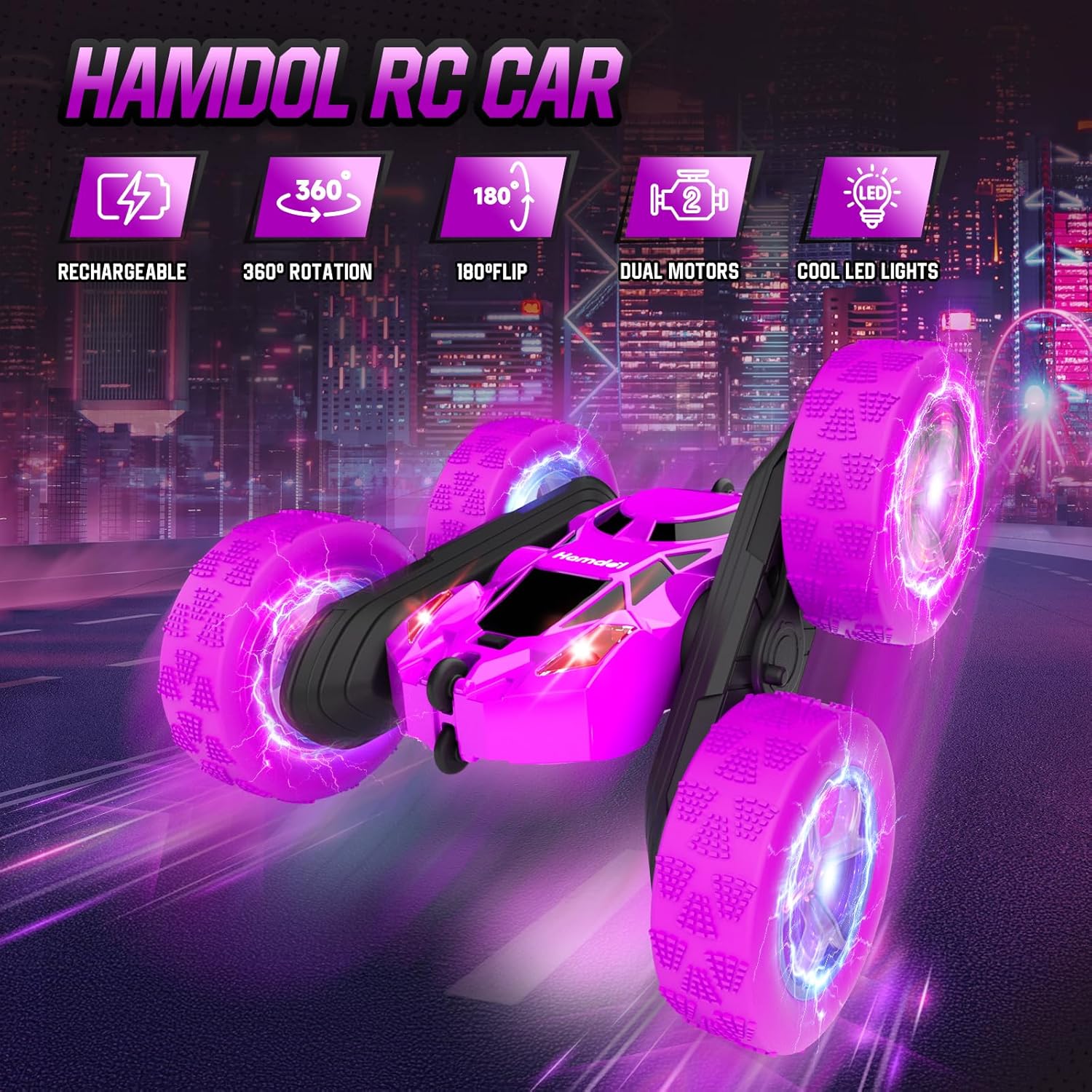 Remote Control Car for Kids Stunt RC Cars with Cool Wheel Lights Double-Sided Driving 360-degree Rotation Boys Toys for Ages 6 7 8 9 10-12 Kids Gift Ideal(Purple)