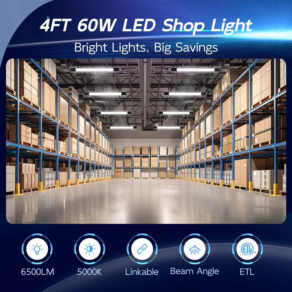 hykolity 10 Pack 4FT Linkable LED Shop Light for Garage, 6500lm, 4FT 60W Utility Light Fixture, 5000K Daylight LED Workbench Light with Plug, Hanging or Surface Mount, Black - ETL