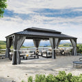 Aoxun 12' X 24' Hardtop Gazebo with Drainage System, Aluminum Outdoor Gazebo with Galvanized Steel Double Roof, Patio Permanent Metal Pavilion with Netting, for Garden, Deck, Grey
