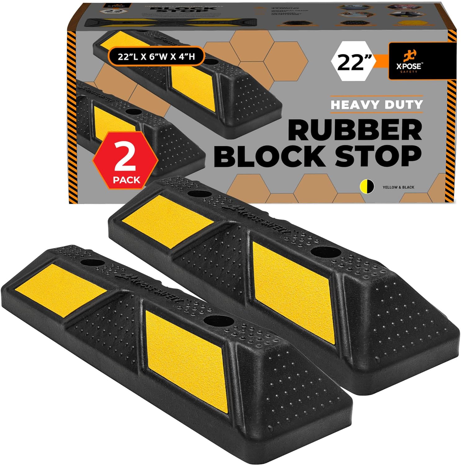 Xpose Safety 22" Heavy Duty Rubber Parking Stopper – 2 Pack Wheel Blocks for Garage, Driveway, or Ramp – Car Bumper Stop with Yellow Reflective Strips – Removable Floor Mount