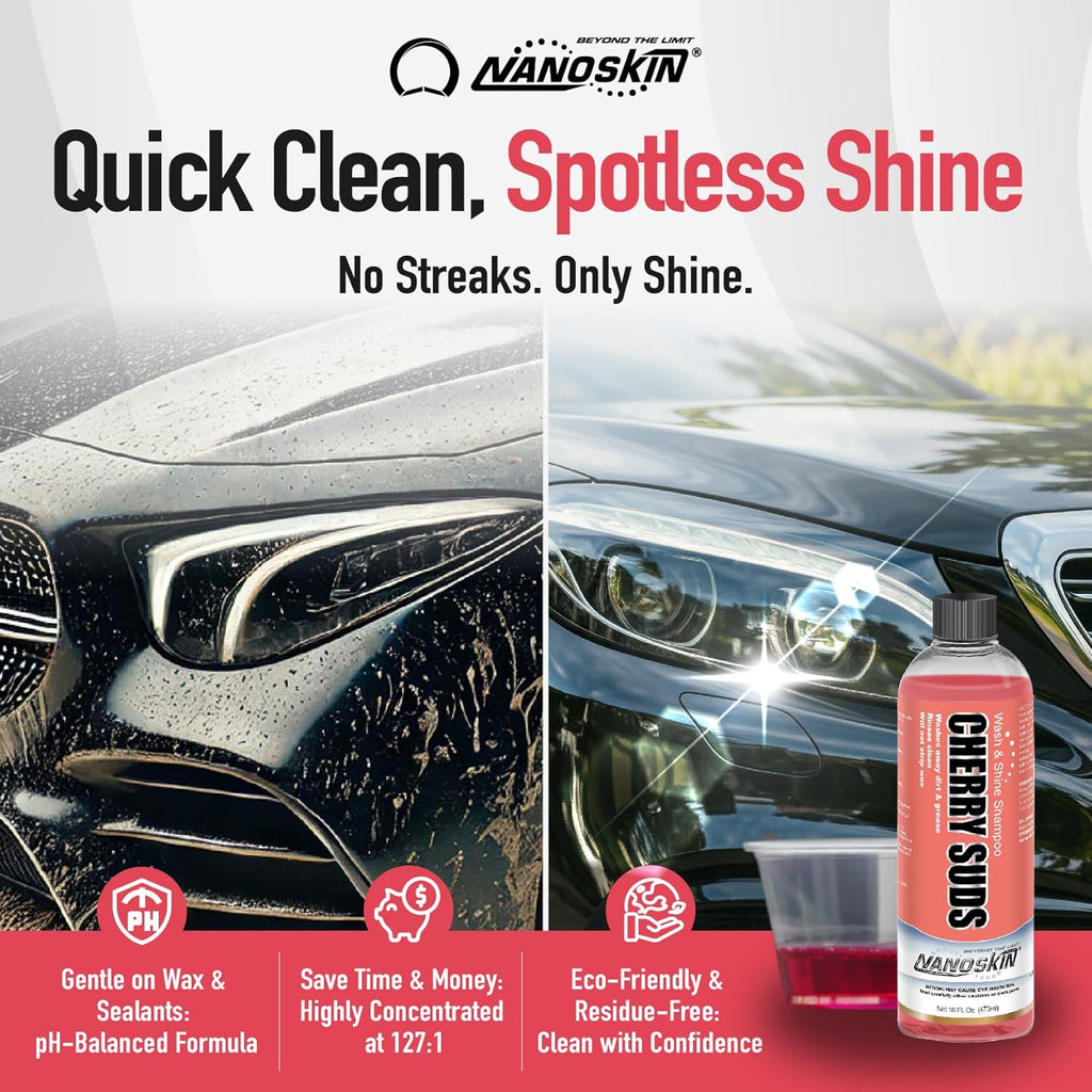 Nanoskin CHERRY SUDS Foaming Car Wash Shampoo 1 Gallon - Works with Foam Cannon, Foam Gun, Bucket Washes, Car Soap for Pressure Washer | Safe for Cars Trucks, Motorcycles, RVs & More | Cherry Scented