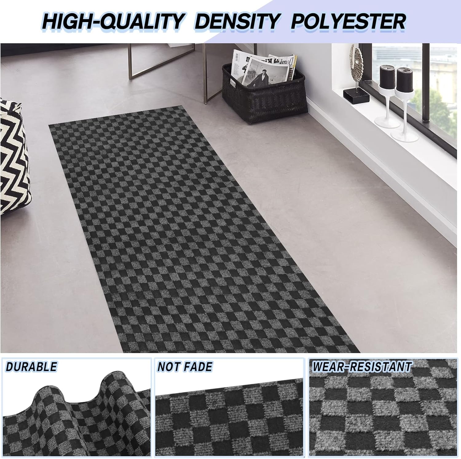 Custom Size Backed Non-Slip Area Rugs Runner, Easy Clean, Waterproof Runner Rugs for Hallway Entryway, Kitchen, Laundry, 2FT x 35FT, Gray Checkered
